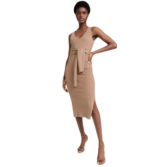 Good American Belted Cotton Rib-Knit Midi Bodycon Neutral Chic Dress, Taupe sz 3 - Picture 1 of 10